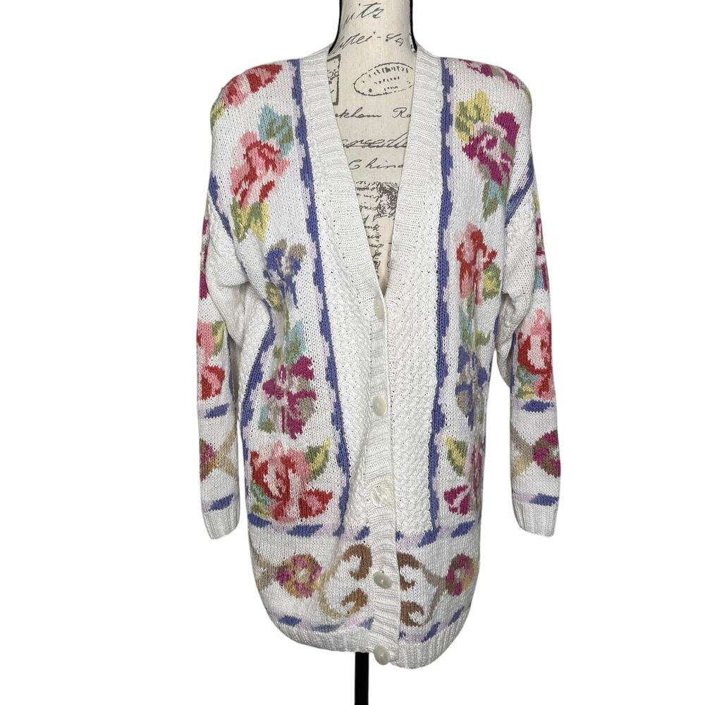 Vintage Evan Picone Sport Knitted By Hand Cottagecore Floral Knit Cardigan Med